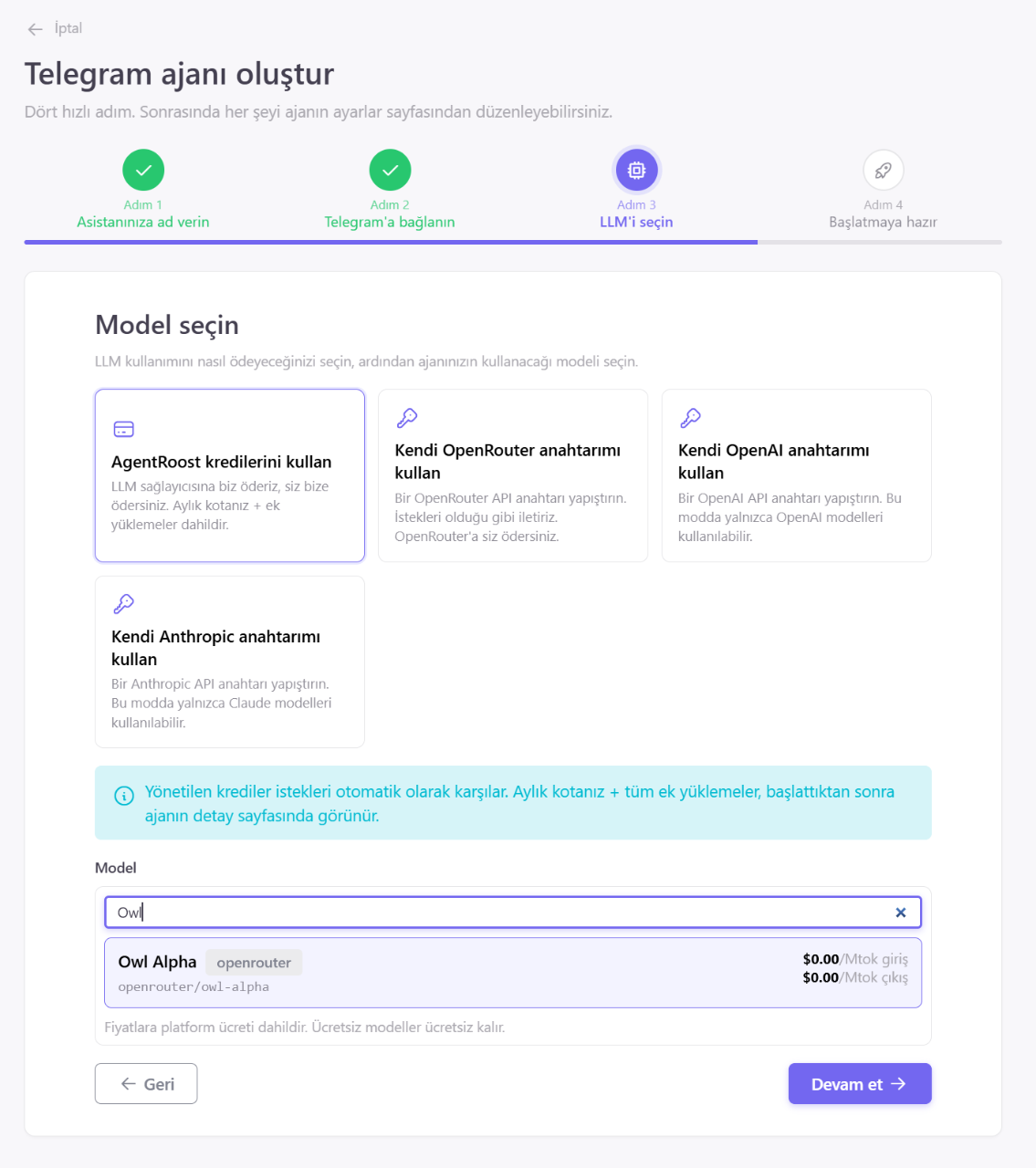 Model selection screen